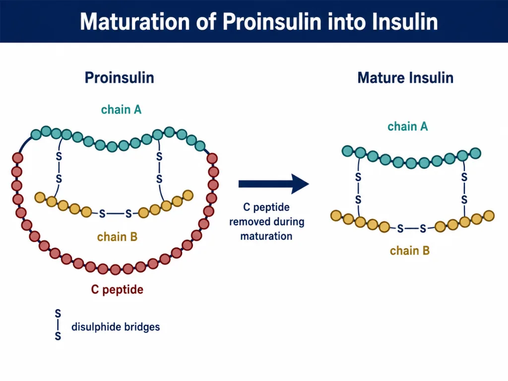 Maturation of proinsulin into insulin by removal of the C peptide