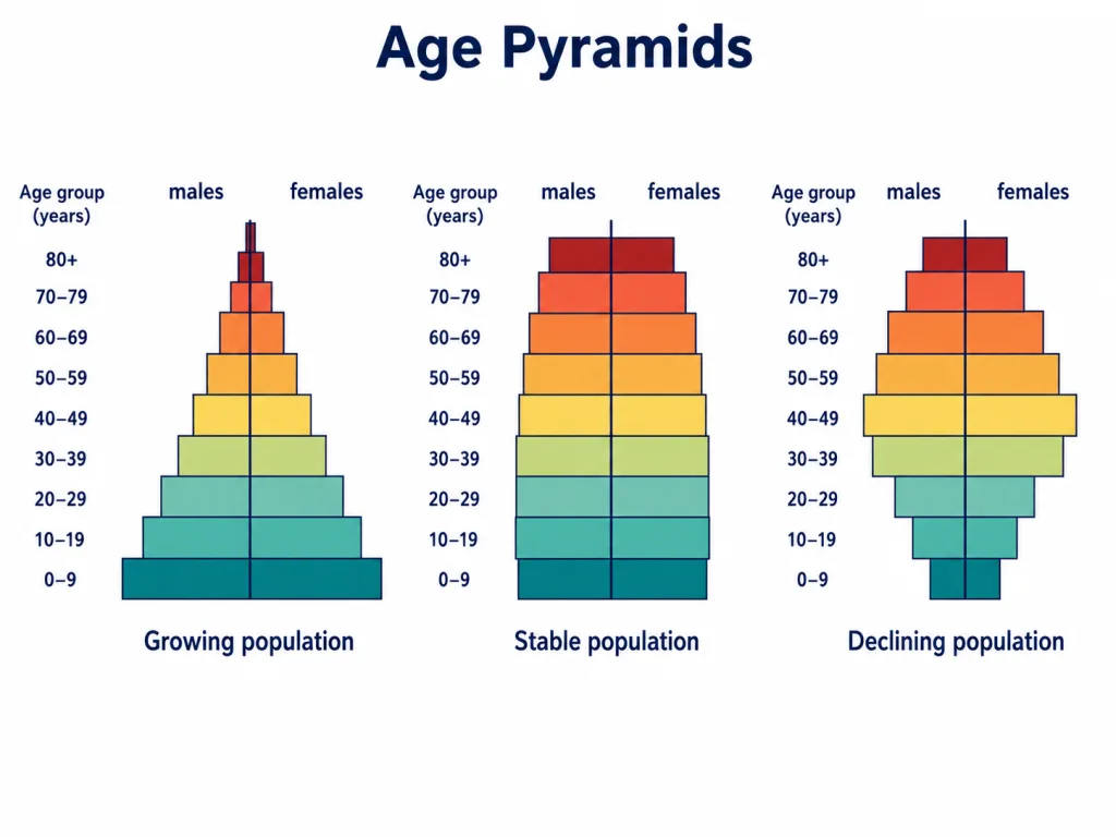 Age pyramids for growing, stable and declining populations