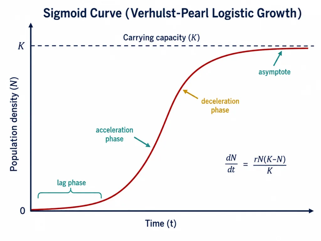 Logistic growth sigmoid curve levelling off at carrying capacity K