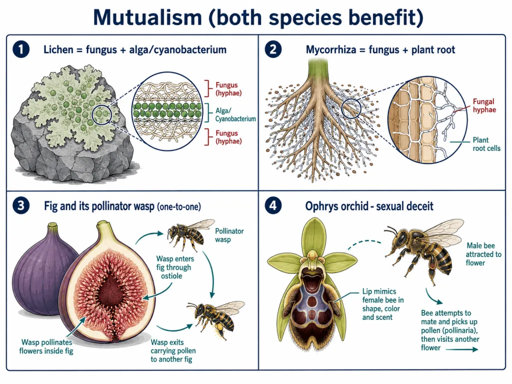 Mutualism examples including lichen, mycorrhiza, fig-wasp and Ophrys orchid