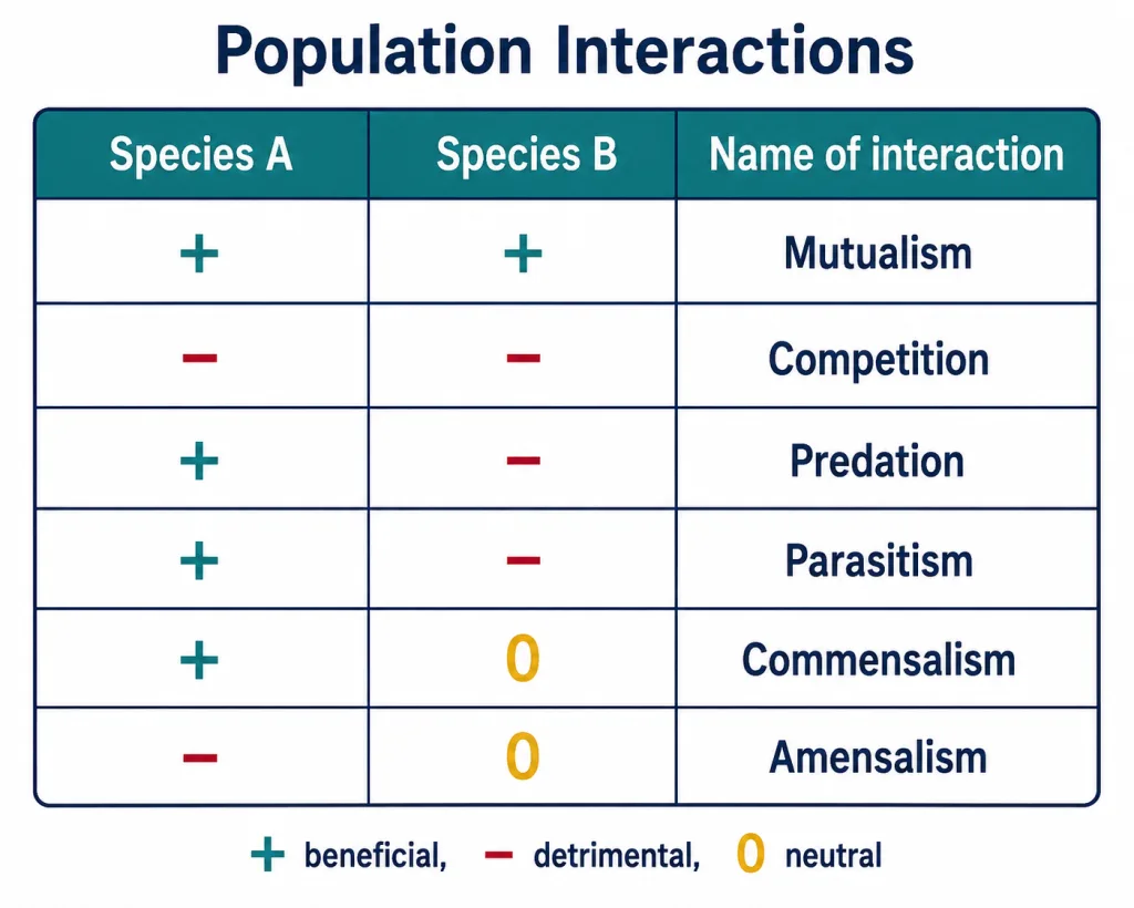 Plus, minus and zero signs for the six population interactions