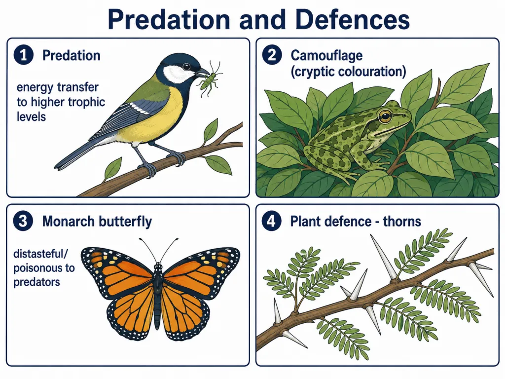 Predation with prey defences including camouflage, Monarch butterfly and thorns