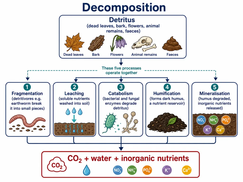 Decomposition steps from detritus to humus and inorganic nutrients