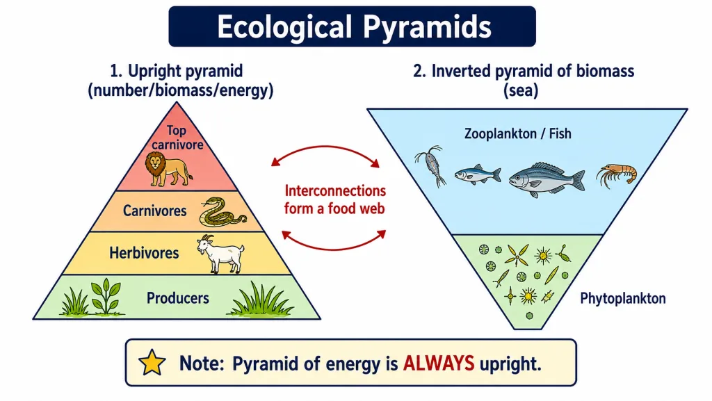 Ecological pyramids of number, biomass and energy including inverted forms