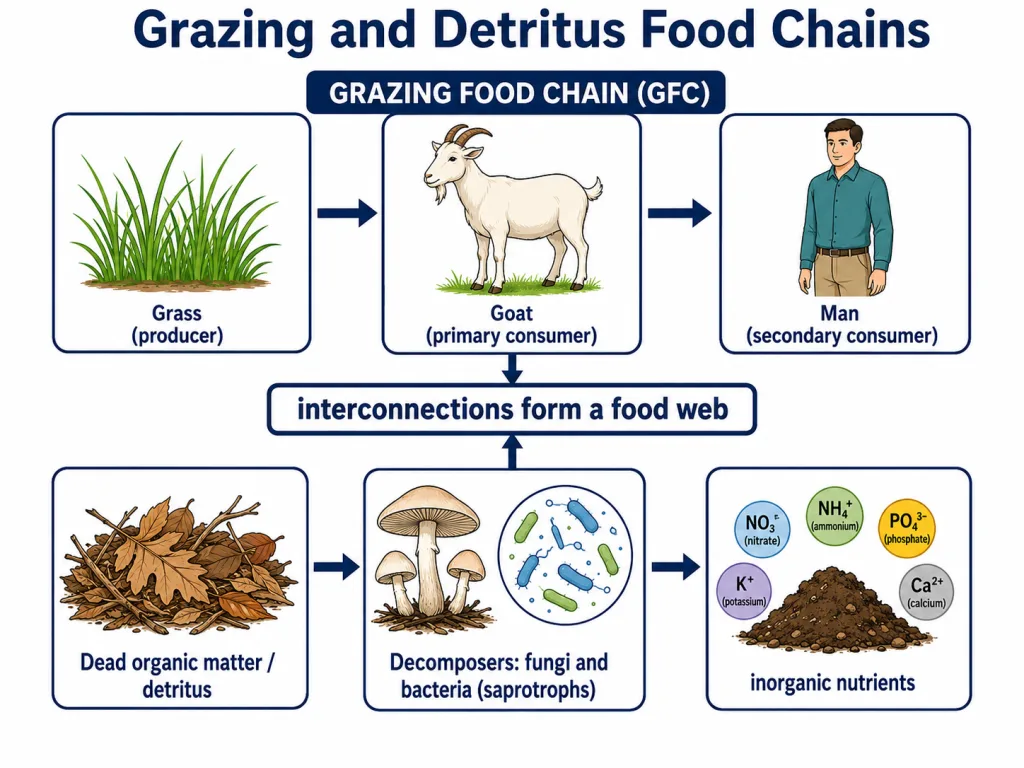 Grazing and detritus food chains interconnected into a food web