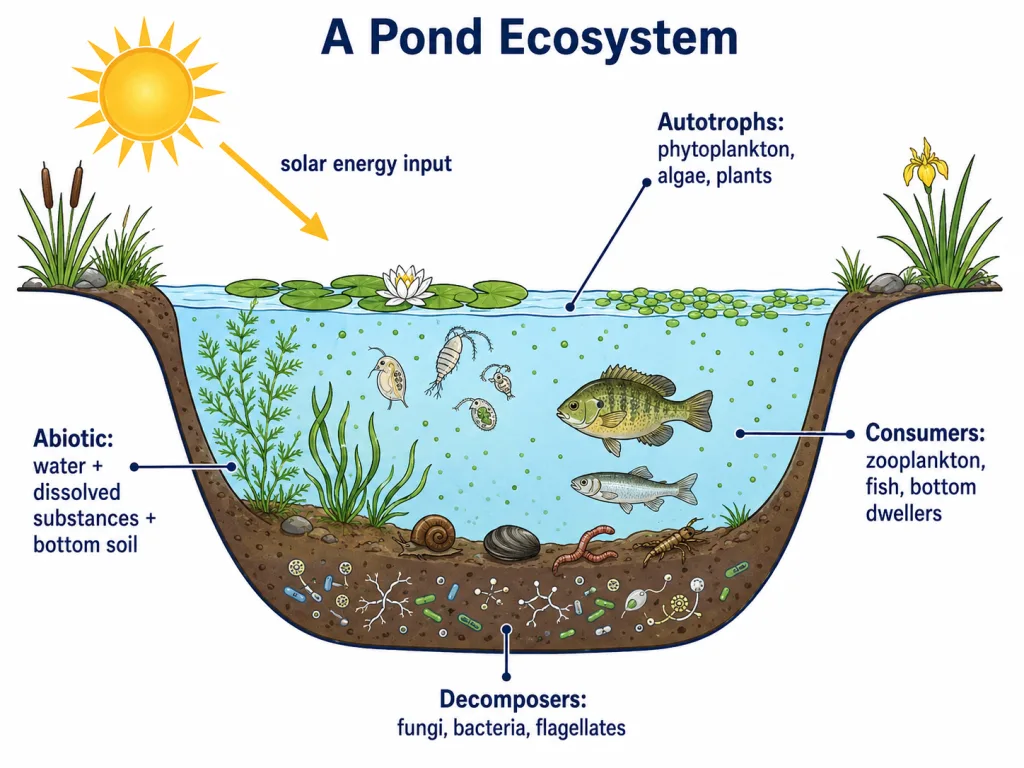 Pond ecosystem with abiotic components, autotrophs, consumers and decomposers