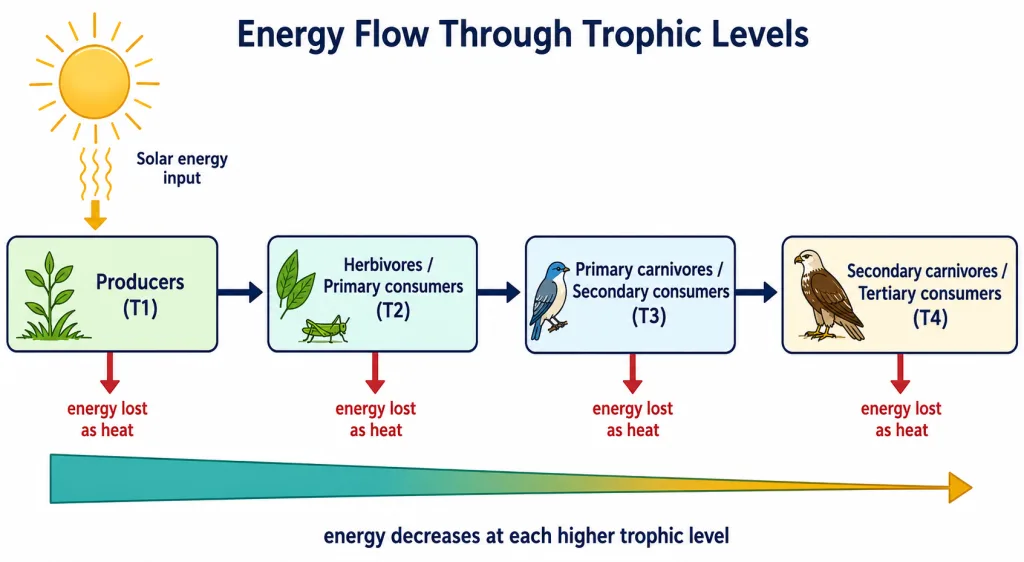 Energy flow decreasing across producers and consumer trophic levels