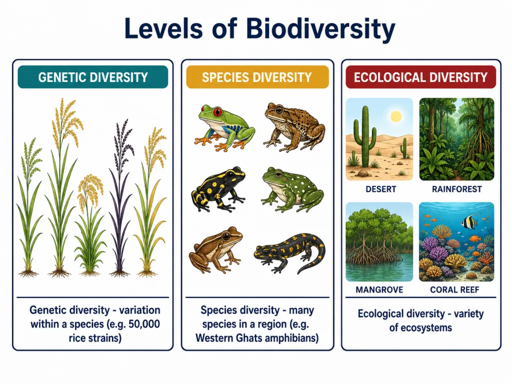 Genetic, species and ecological levels of biodiversity