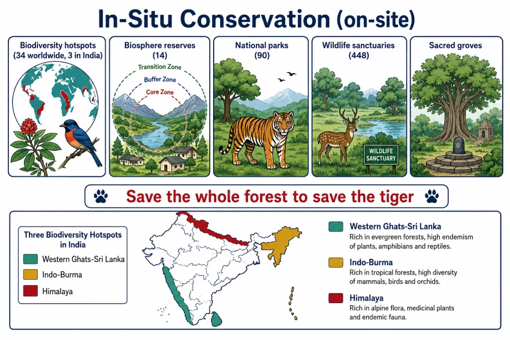 In-situ conservation showing biodiversity hotspots, biosphere reserves, national parks, wildlife sanctuaries and sacred groves