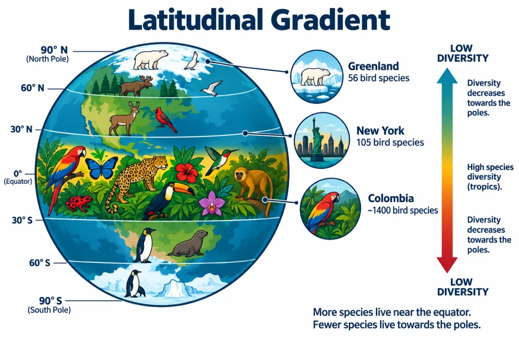 Latitudinal gradient with species richness peaking in the tropics