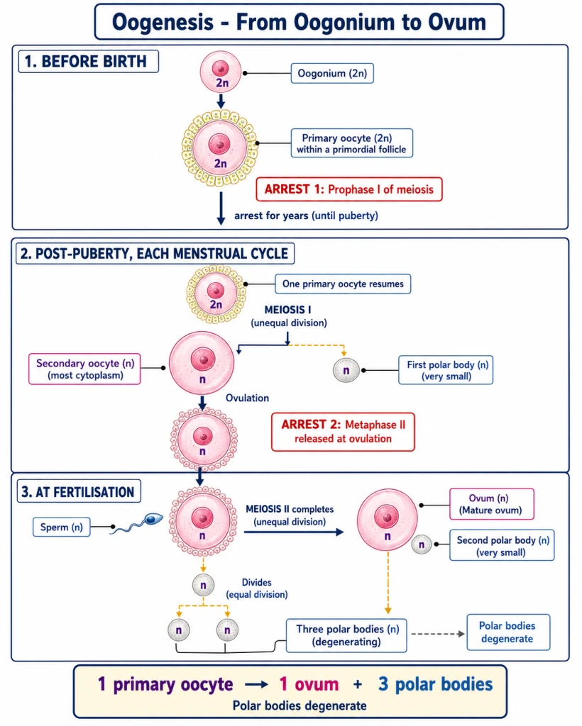 Flowchart of oogenesis showing the double arrest