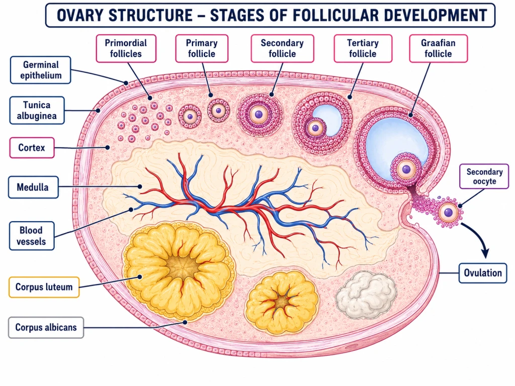 Section of an ovary showing follicle stages