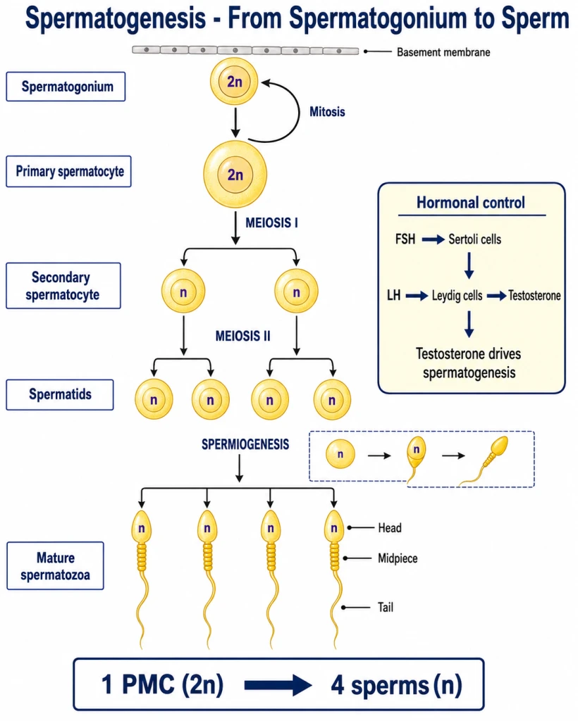 Flowchart of spermatogenesis with ploidy at each stage