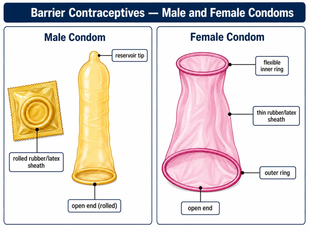 Labelled diagram comparing a male condom and a female condom