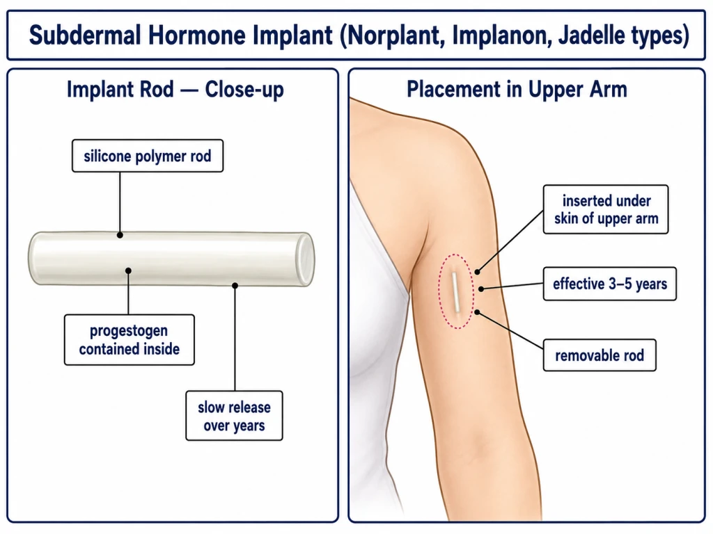 Diagram of a subdermal hormone implant placed under the skin of the upper arm