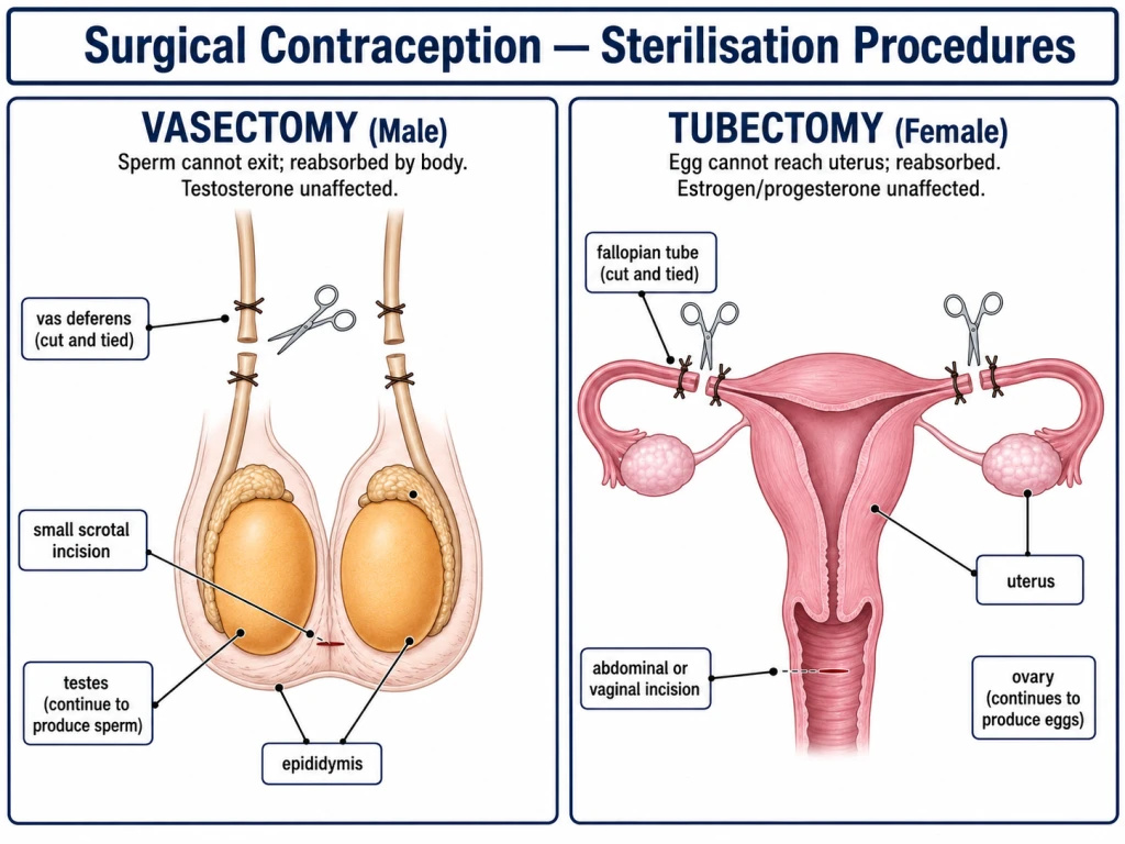 Side-by-side diagram of vasectomy (vas deferens cut/tied) and tubectomy (fallopian tube cut/tied)