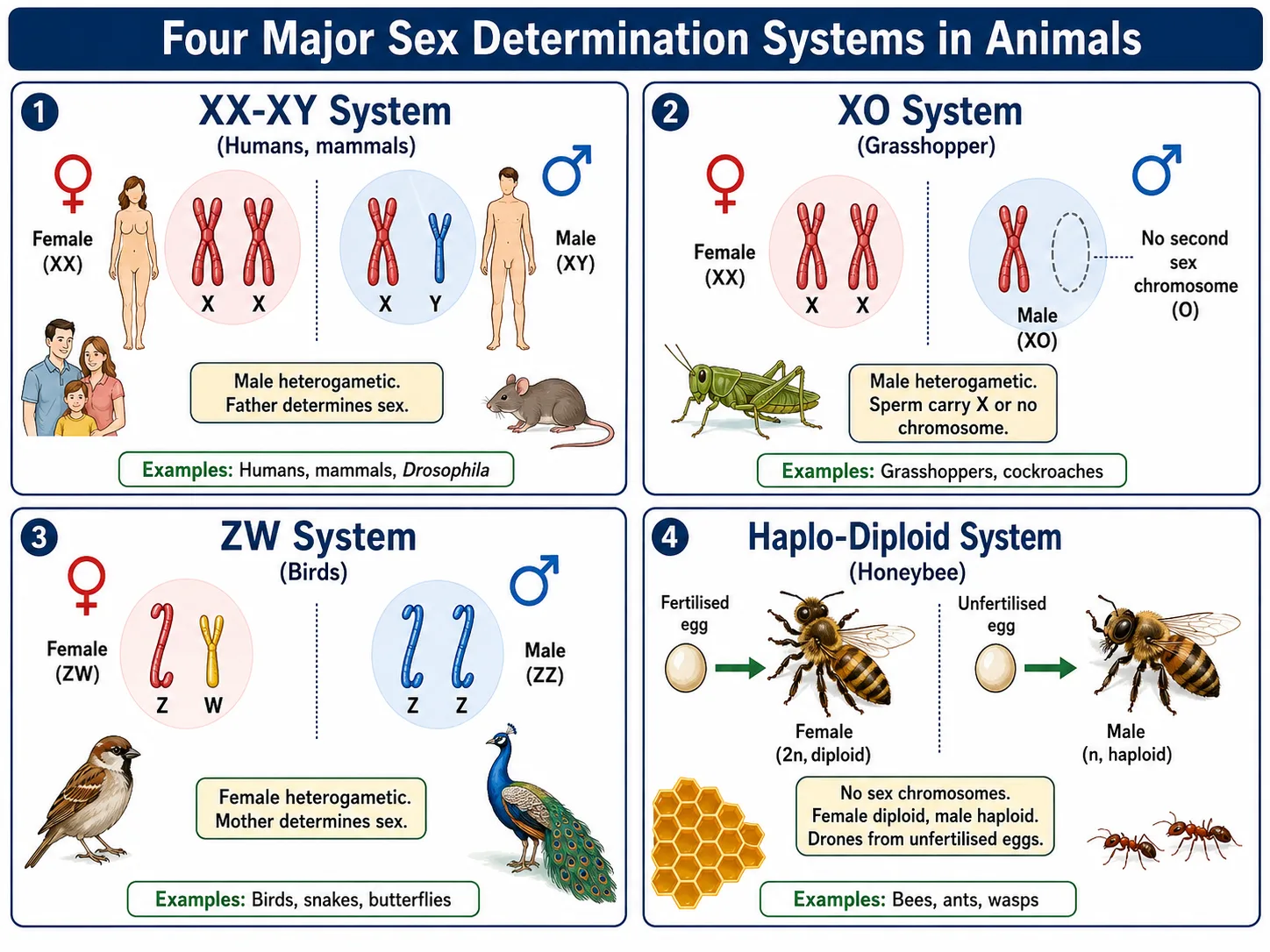 Four sex-determination systems — XY, XO, ZW and haplodiploidy