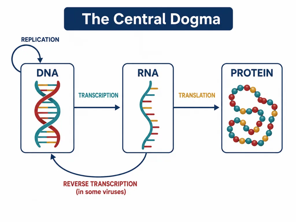 Central dogma of molecular biology showing information flow from DNA to RNA to protein