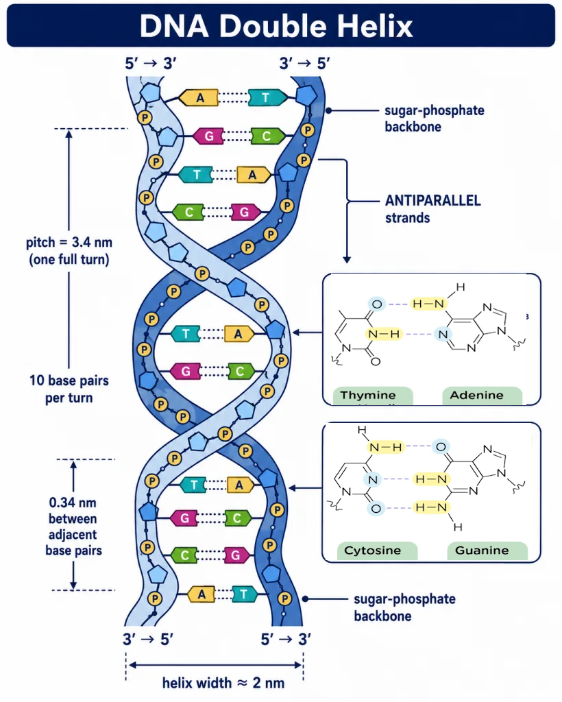 DNA double helix with antiparallel strands and A-T, G-C base pairing