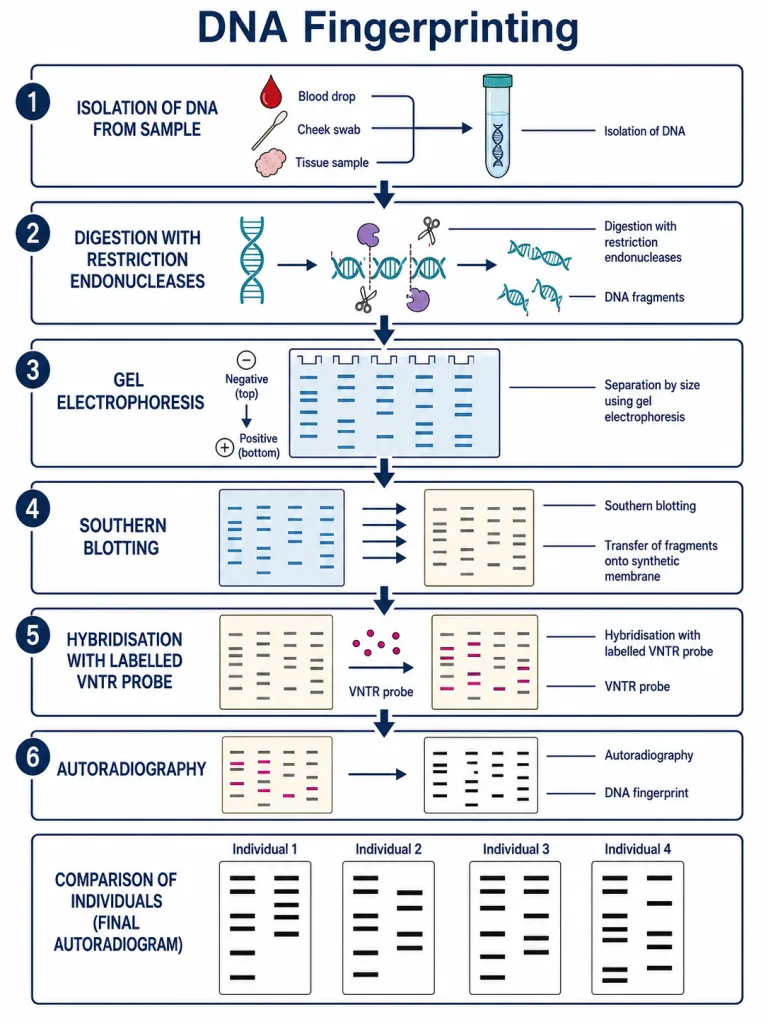 Steps of DNA fingerprinting using VNTR analysis, gel electrophoresis and a Southern blot autoradiogram