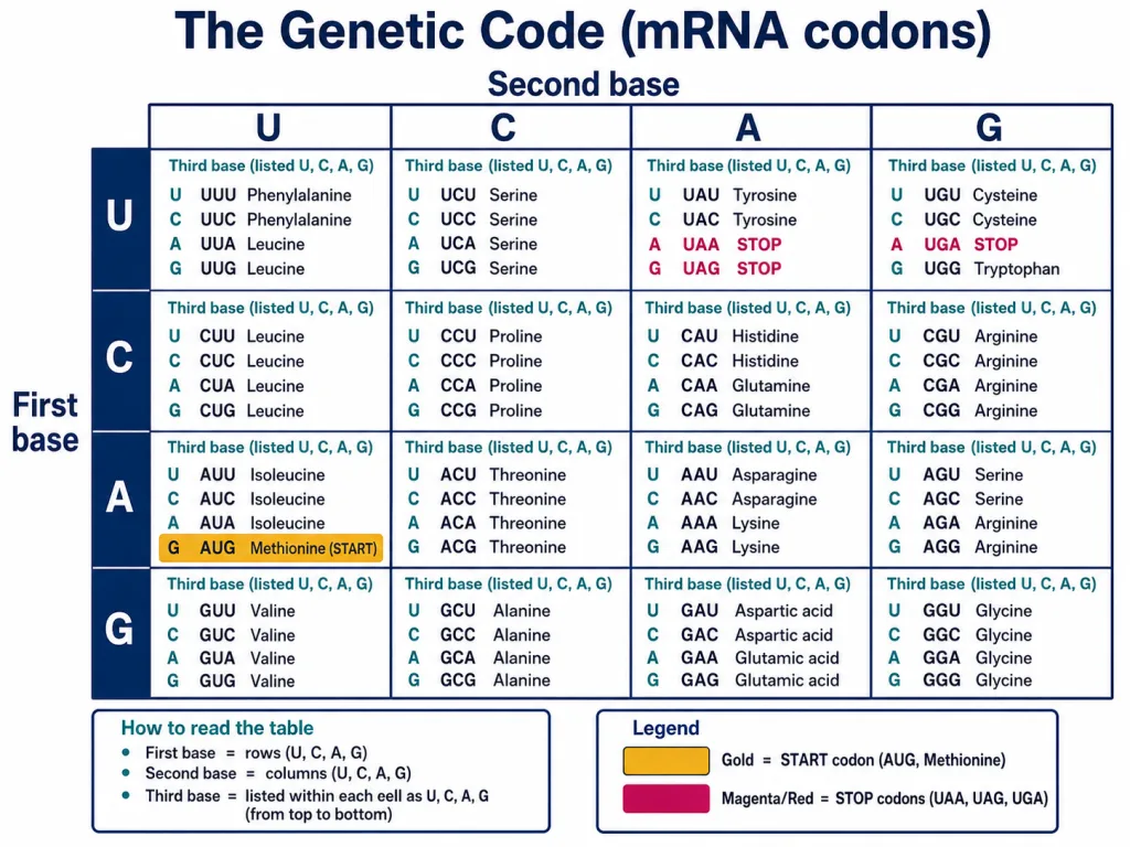 Genetic code table of 64 codons with start and stop codons