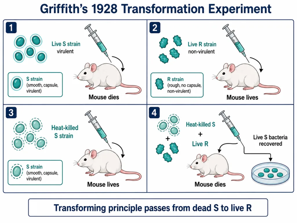 Griffith transformation experiment with smooth and rough Streptococcus pneumoniae strains in mice