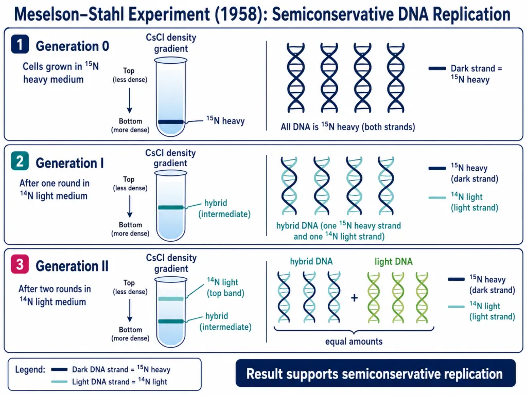 Meselson-Stahl experiment demonstrating semiconservative DNA replication using 15N and 14N density-gradient centrifugation