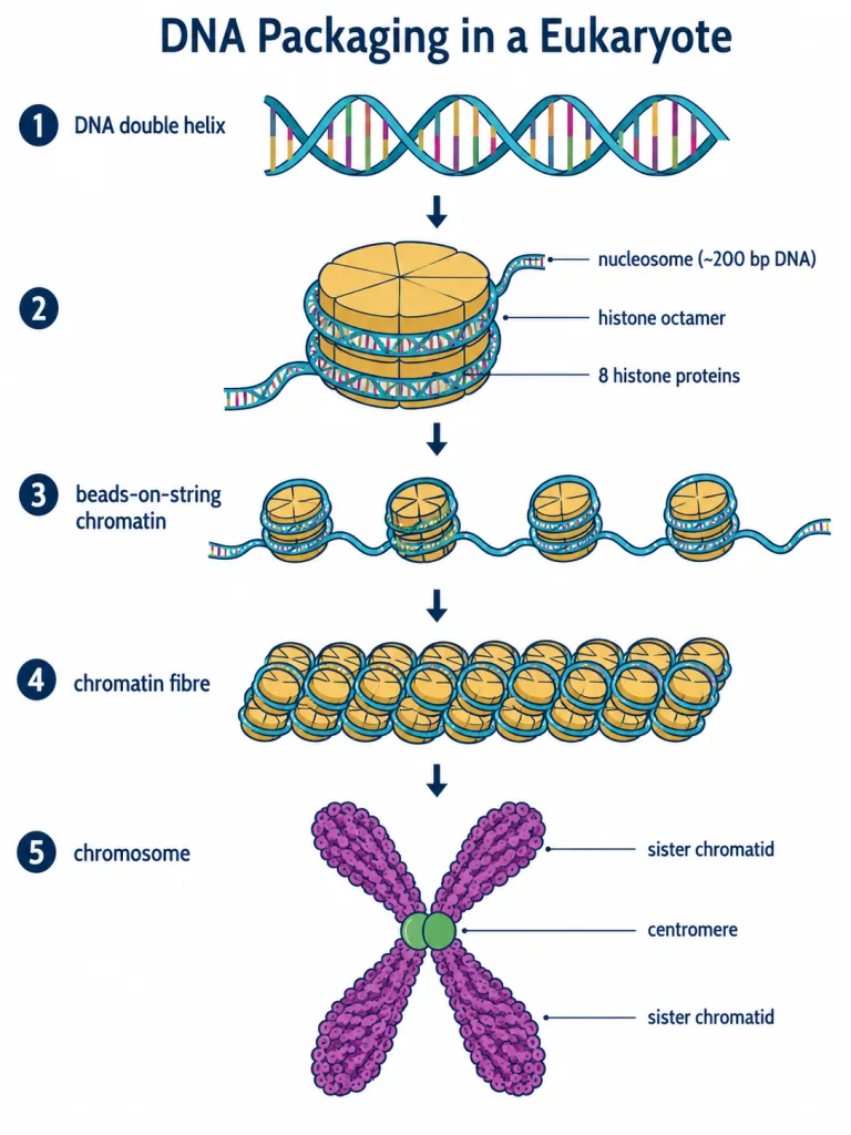 Nucleosome showing DNA wrapped around a histone octamer and the beads-on-string organisation of chromatin