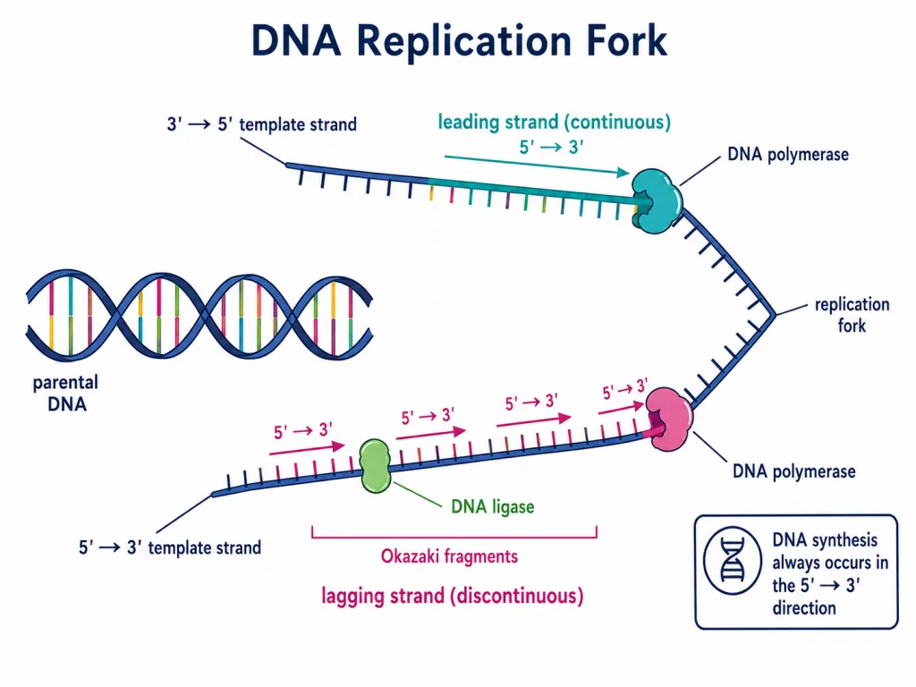 DNA replication fork showing leading and lagging strands, Okazaki fragments and the enzymes involved