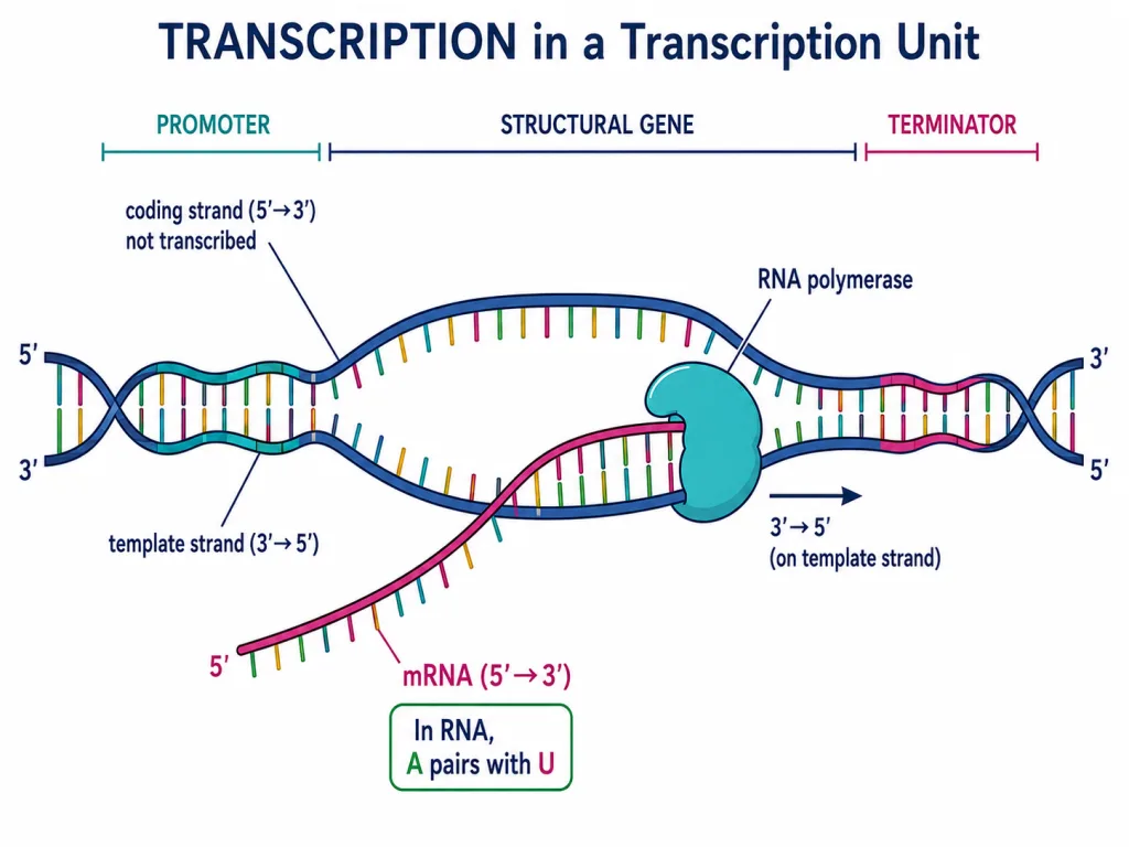 Transcription showing RNA polymerase synthesising RNA from the template strand of a transcription unit