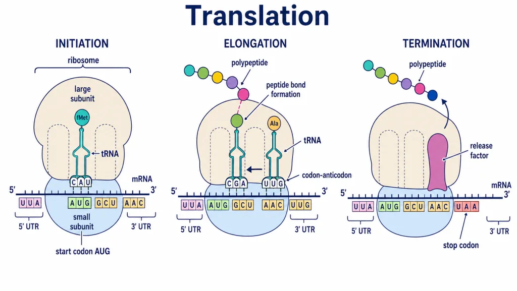 Translation at the ribosome showing initiation, elongation and termination of a polypeptide