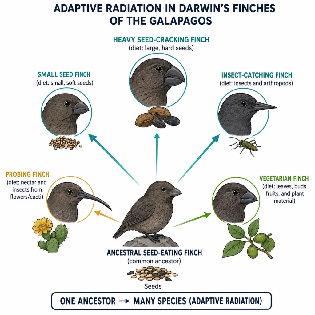 Adaptive radiation of Darwin finches showing different beak shapes suited to different diets