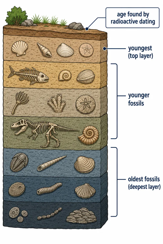 Fossils in successive sedimentary rock layers with older forms in deeper strata