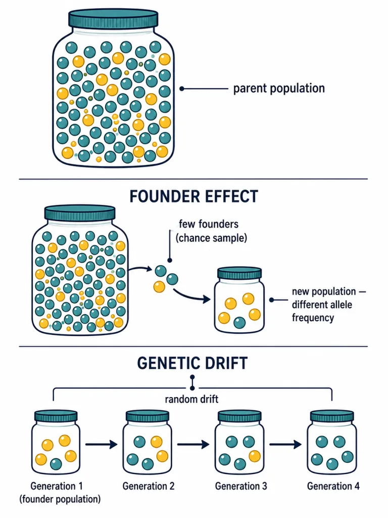 Genetic drift and founder effect changing allele frequencies