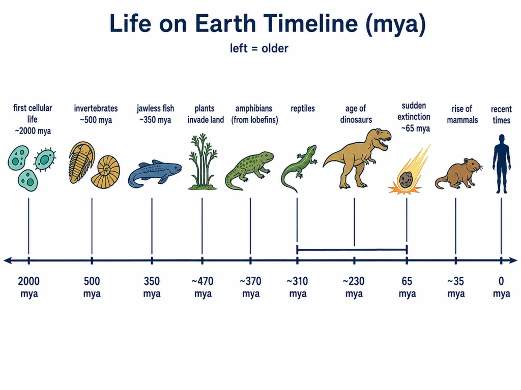 Geological timeline of life from first cells to mammals