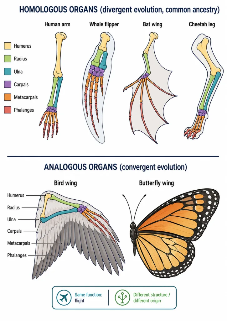 Homologous forelimbs compared with analogous bird and butterfly wings