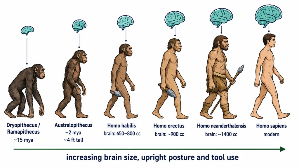 Stages of human evolution with increasing brain size