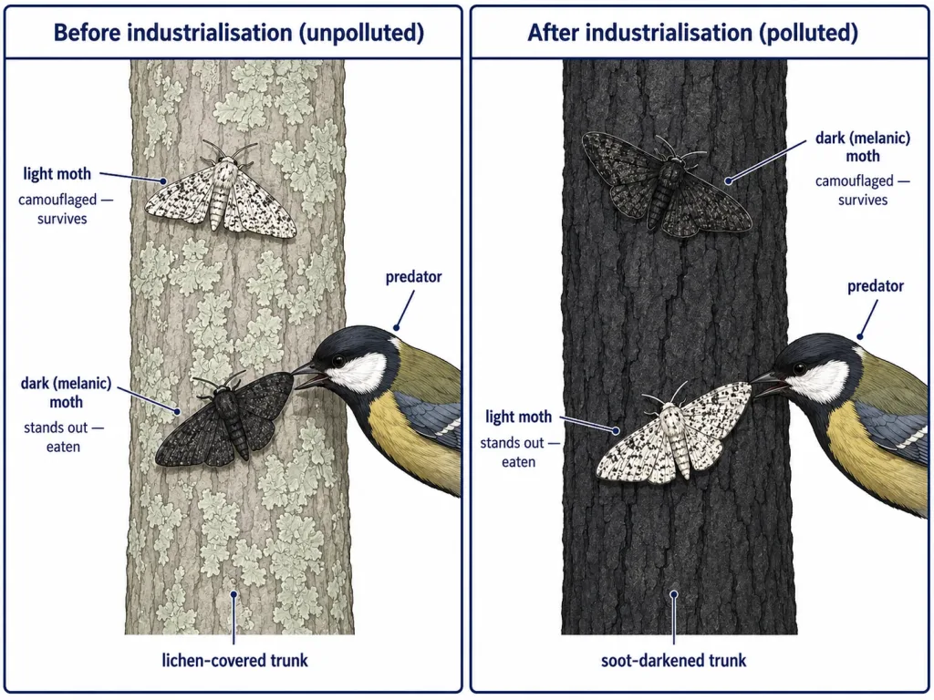Light and dark peppered moths on lichen and soot-covered trunks