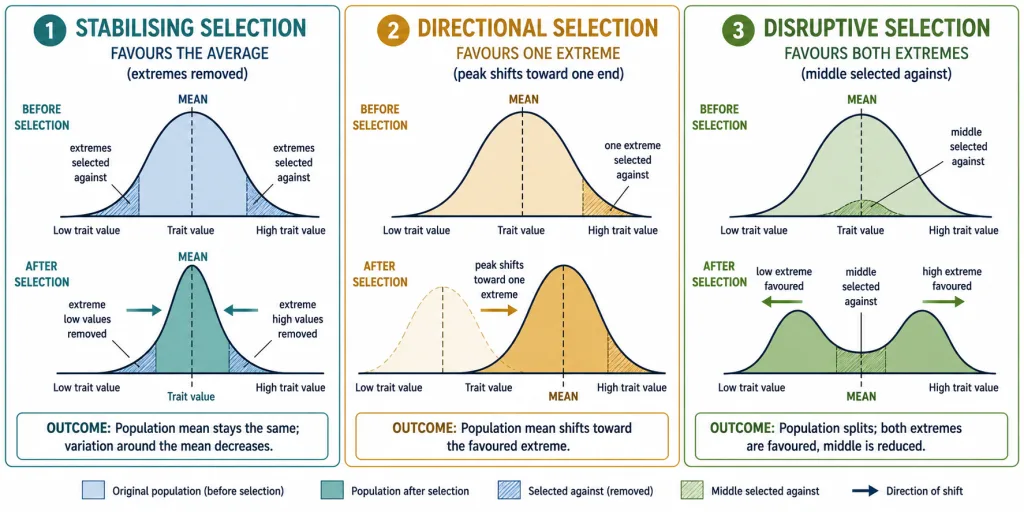 Stabilising, directional and disruptive natural selection shown as changes to a bell-shaped trait distribution
