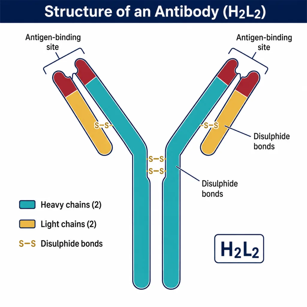 Structure of an antibody molecule showing two heavy chains and two light chains with antigen-binding sites