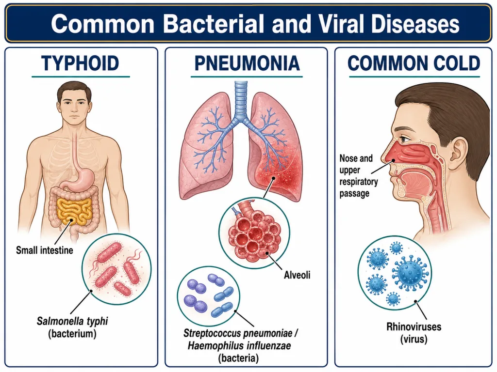 Common bacterial and viral diseases with their pathogens and target organs: typhoid in the intestine, pneumonia in the alveoli and common cold in the nose