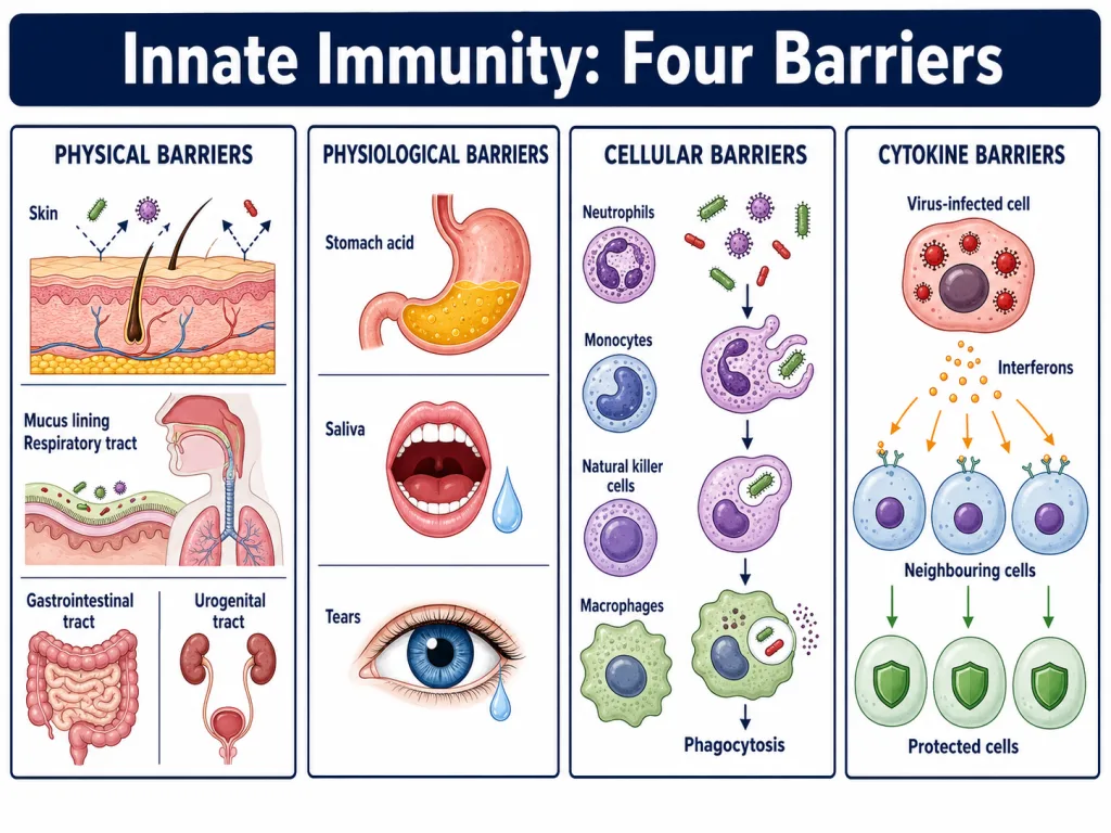 The four barriers of innate immunity: physical, physiological, cellular and cytokine