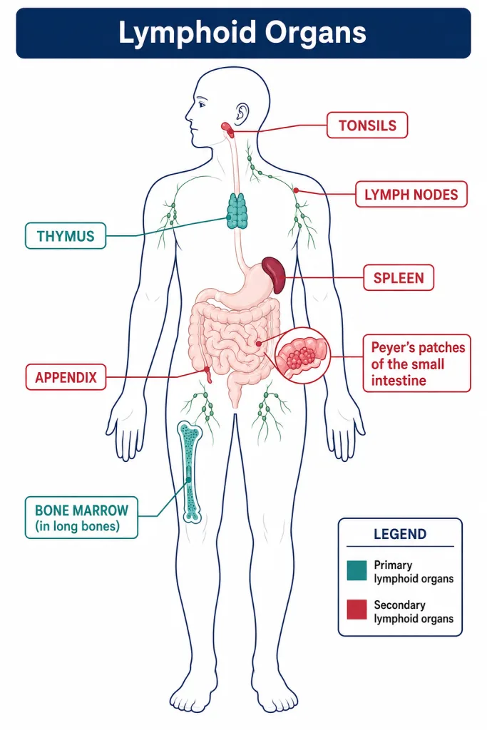 Primary and secondary lymphoid organs of the human body including bone marrow, thymus, spleen and lymph nodes