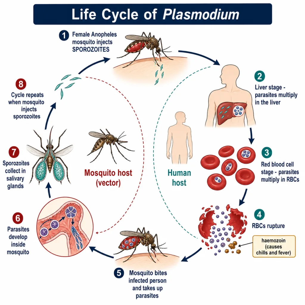 Life cycle of Plasmodium showing sporozoites from the female Anopheles mosquito, the liver and red blood cell stages in humans, and the sexual cycle in the mosquito
