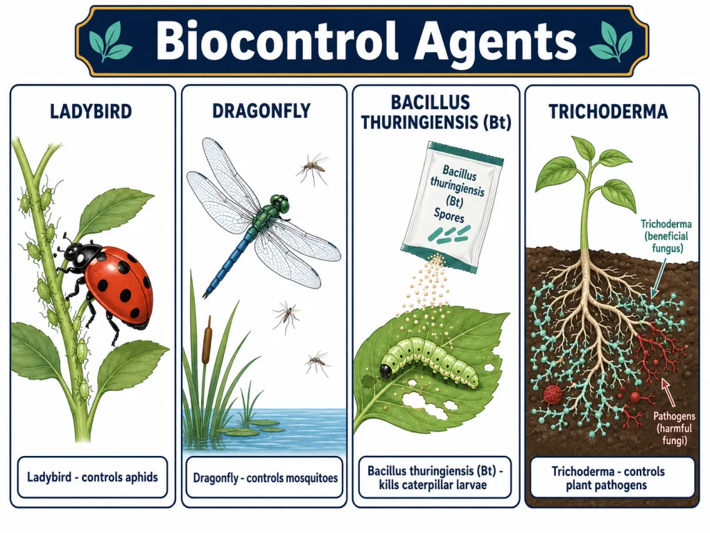 Biocontrol agents: ladybird, dragonfly, Bacillus thuringiensis spores and Trichoderma