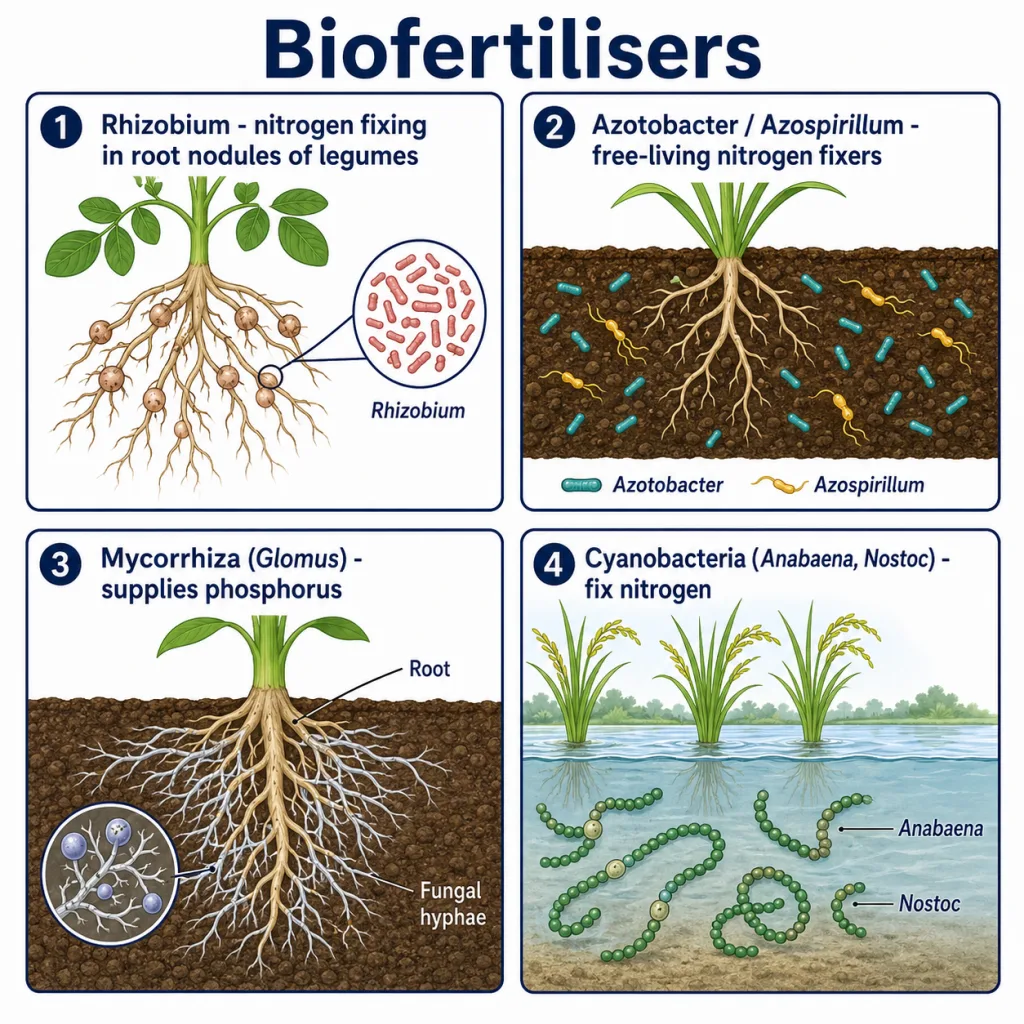 Types of biofertilisers: Rhizobium nodules, Azotobacter, mycorrhiza and cyanobacteria