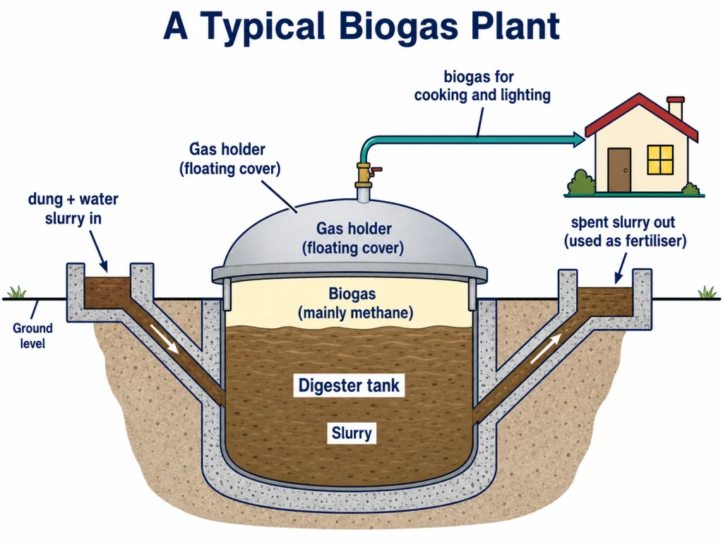 A typical biogas plant with dung slurry tank and floating gas holder