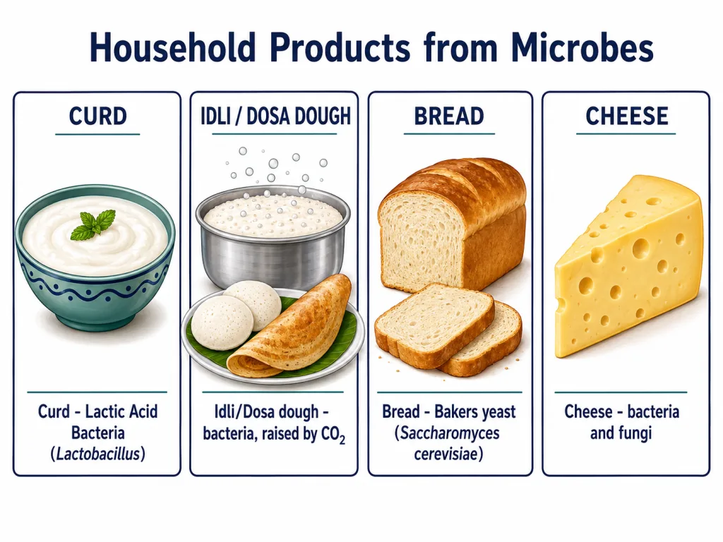 Household products made using microbes: curd, fermented dough, bread and cheese
