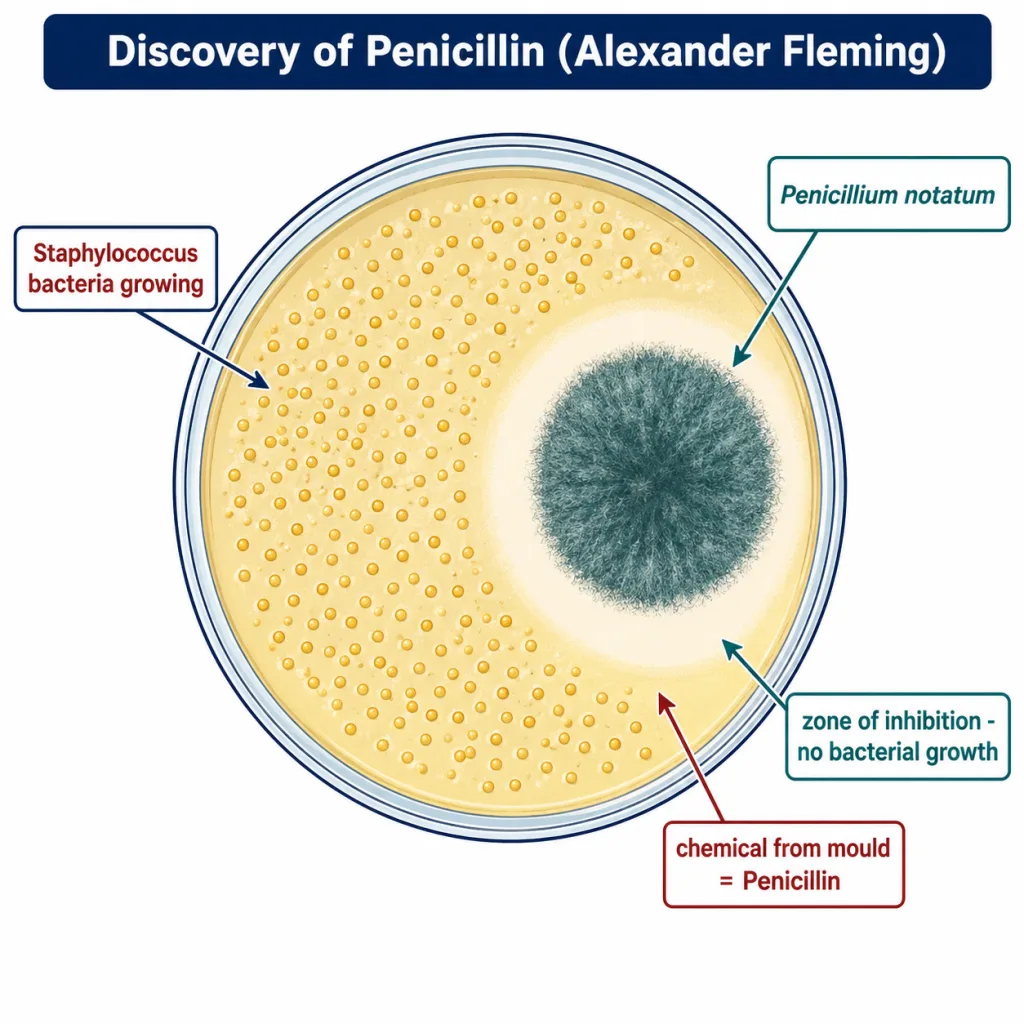 Penicillium mould inhibiting Staphylococcus growth on a culture plate