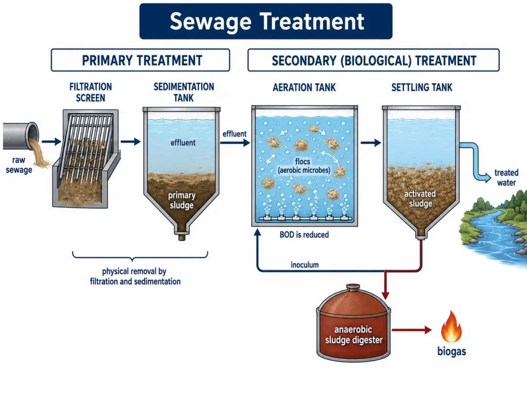 Primary and secondary stages of sewage treatment with aeration tank and activated sludge